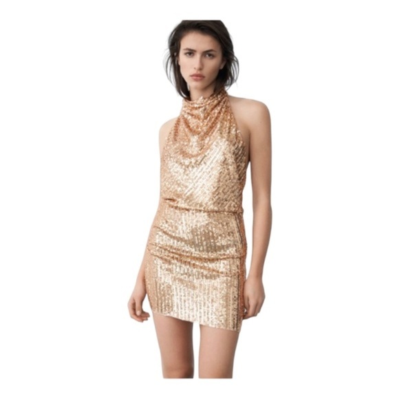Zara gold sequin open back semi sheer halter blogger favorite mini dress size XL - Picture 2 of 13